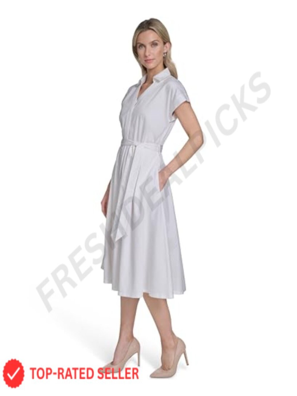 Calvin Klein Cap Sleeve Cotton Midi Shirt Dress Women's Casual Button Front - Picture 2 of 6